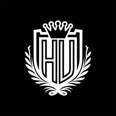 HU Letter logosu kraliyet kalkanı şeklinde ve kaplama şeklinde, siyah arkaplan şablonunda eski bir kalkan.