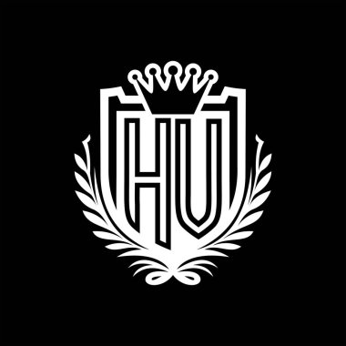 HV Letter logosu kraliyet kalkanı şeklinde taç, siyah arkaplan şablonu dizaynında vintage kalkan