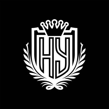 HY Letter logosu kraliyet kalkanı şeklinde taç, siyah arkaplan şablonu dizaynında vintage kalkan