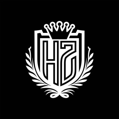 HZ Harfler logosu kraliyet kalkanı şeklinde ve taç, siyah arkaplan şablonu üzerinde vintage kalkan.