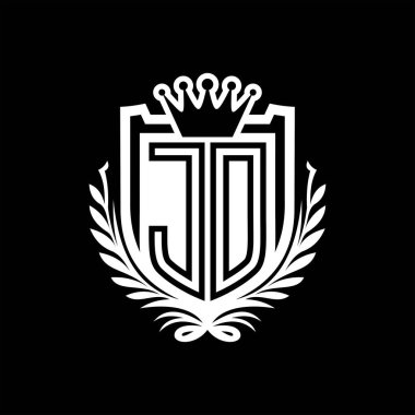 JD Letter logosu kraliyet kalkanı şeklinde ve kaplama şeklinde, siyah arkaplan şablonu dizaynında vintage kalkan.