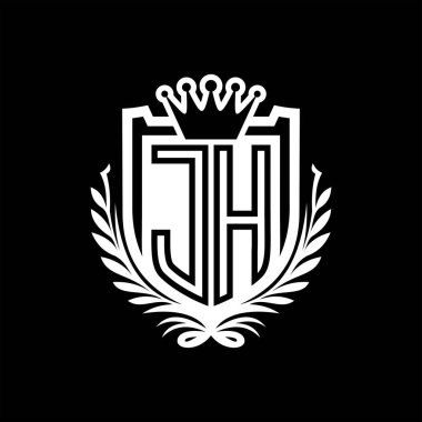 JH Letter logosu kraliyet kalkanı şeklinde ve taç, siyah arkaplan şablonu üzerinde vintage kalkan.