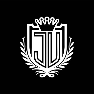 JU Letter logosu kraliyet kalkanı şeklinde taç, siyah arkaplan şablonu üzerinde vintage kalkan