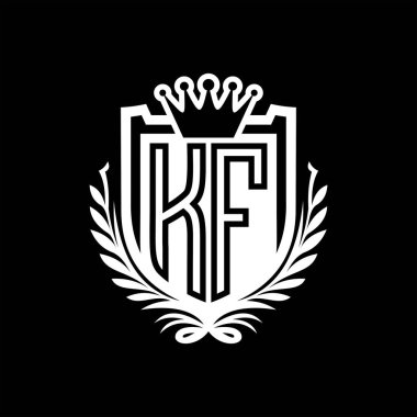 KF Letter logosu kraliyet kalkanı şeklinde ve kaplama ile birlikte, siyah arkaplan şablonu tasarımı üzerinde vintage kalkan