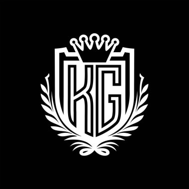 KG Letter logosu kraliyet kalkanı şeklinde ve kaplama şeklinde, siyah arkaplan şablonu dizaynında vintage kalkan