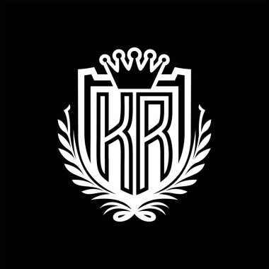 KR Letter logosu kraliyet kalkanı şeklinde ve taç, siyah arkaplan şablonu üzerinde vintage kalkan