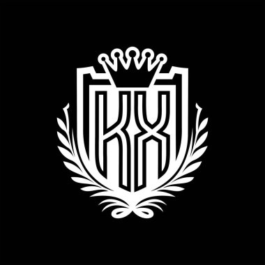 KX Harf logosu kraliyet kalkanı şeklinde ve kaplama şeklinde, siyah arkaplan şablonu dizaynında vintage kalkan