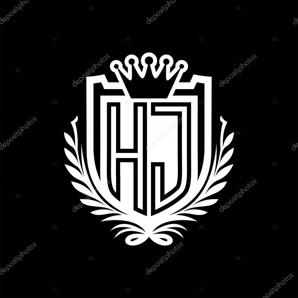 HJ Letter logo heraldic shield shape with crown, vintage shield on black background template design