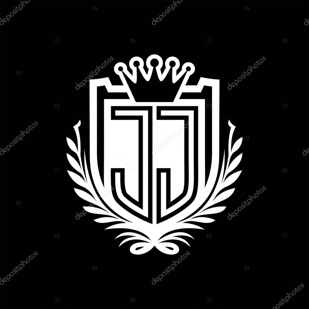 JJ Letter logo heraldic shield shape with crown, vintage shield on black background template design