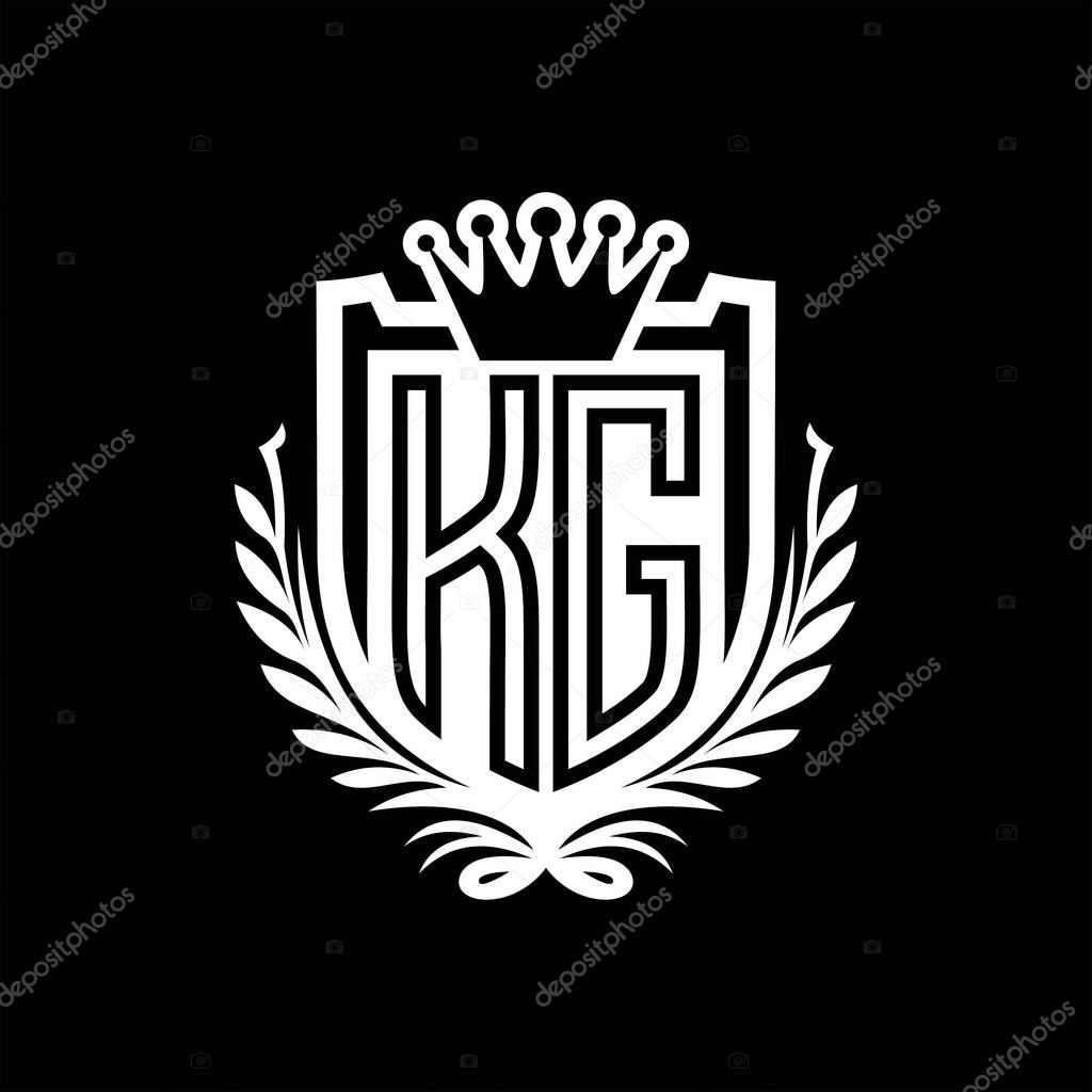 KG Letter logo heraldic shield shape with crown, vintage shield on black background template design