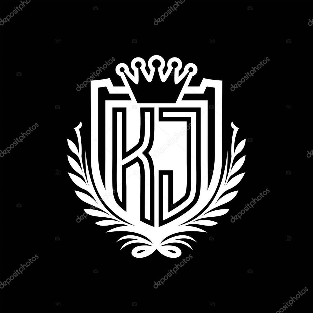 KJ Letter logo heraldic shield shape with crown, vintage shield on black background template design