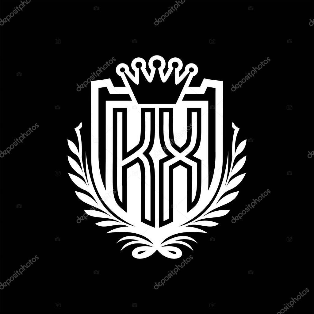 KX Letter logo heraldic shield shape with crown, vintage shield on black background template design