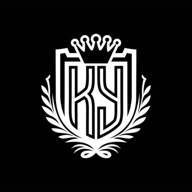 KY Letter logosu kraliyet kalkanı şeklinde taç, siyah arkaplan şablonu dizaynında vintage kalkan