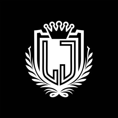 LJ Letter logosu kraliyet kalkanı şeklinde ve kaplama şeklinde, siyah arkaplan şablonu üzerinde vintage kalkan.