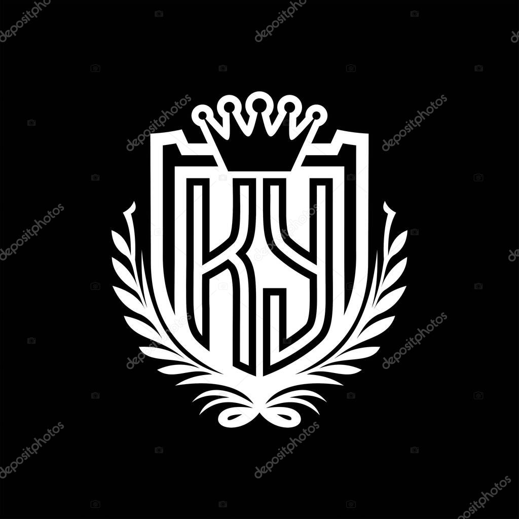KY Letter logo heraldic shield shape with crown, vintage shield on black background template design