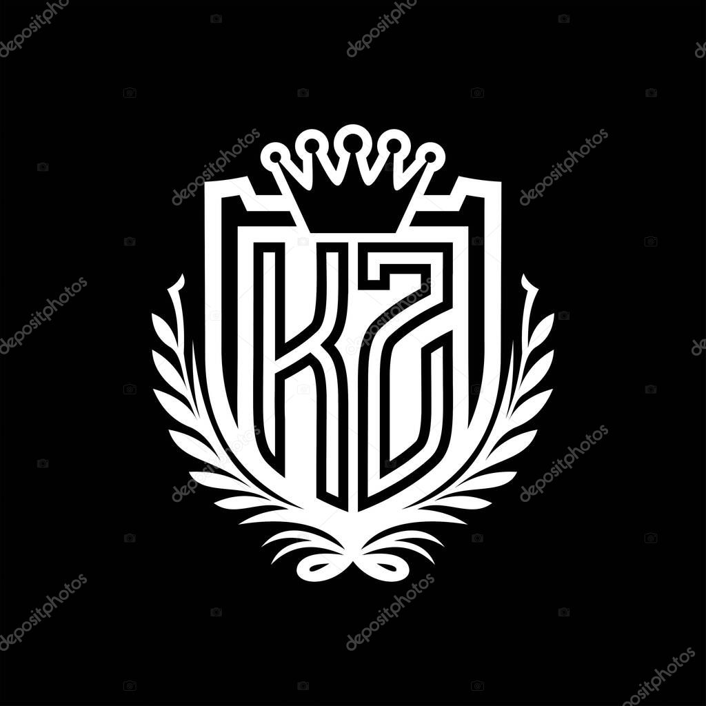 KZ Letter logo heraldic shield shape with crown, vintage shield on black background template design