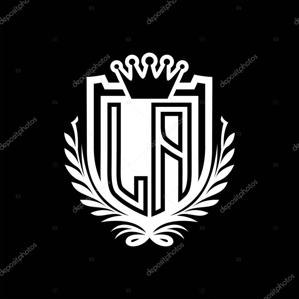 LA Letter logo heraldic shield shape with crown, vintage shield on black background template design