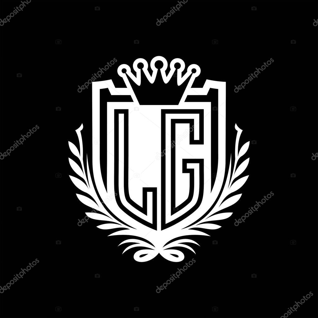 LG Letter logo heraldic shield shape with crown, vintage shield on black background template design