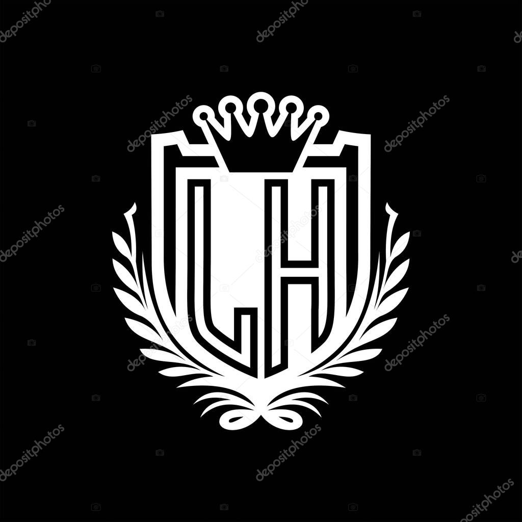 LH Letter logo heraldic shield shape with crown, vintage shield on black background template design
