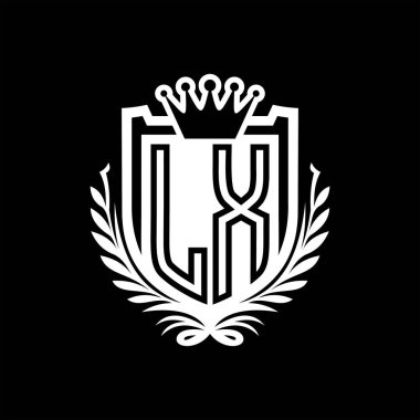 LX Harf logosu kraliyet kalkanı şeklinde ve kaplama şeklinde, siyah arkaplan şablonu dizaynında vintage kalkan