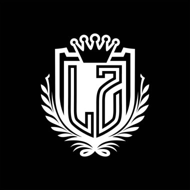 LZ Harf logosu kraliyet kalkanı şeklinde ve taç, siyah arkaplan şablonu üzerinde vintage kalkan.