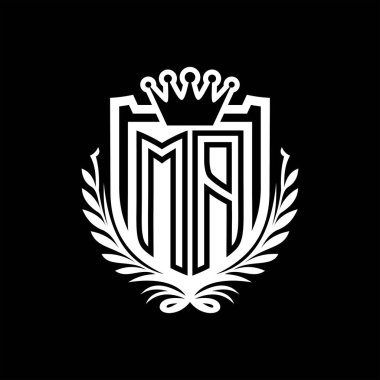 MA Harfi logosu kraliyet kalkanı şeklinde taç, siyah arkaplan şablonu dizaynında vintage kalkan