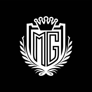 MG Harf logosu kraliyet kalkanı şeklinde ve kaplama şeklinde, siyah arkaplan şablonu dizaynında vintage kalkan