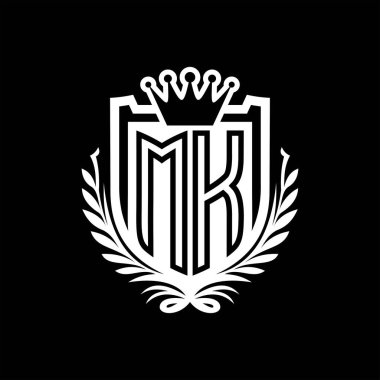 MK Letter logosu kraliyet kalkanı şekilli, siyah arkaplan şablonu dizaynında vintage kalkan