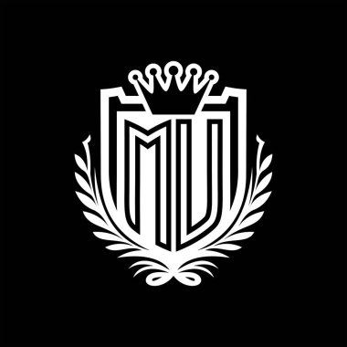 MU Letter logosu kraliyet kalkanı şeklinde ve taç, siyah arkaplan şablonu üzerinde antika bir kalkan.