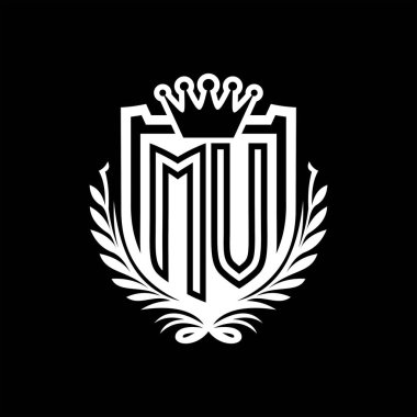MV Letter logosu kraliyet kalkanı şeklinde ve taç, siyah arkaplan şablonu üzerinde vintage kalkan.