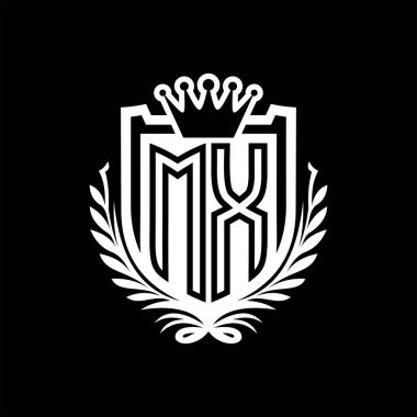 MX Harf logosu kraliyet kalkanı şeklinde ve kaplama şeklinde, siyah arkaplan şablonu üzerinde vintage kalkan
