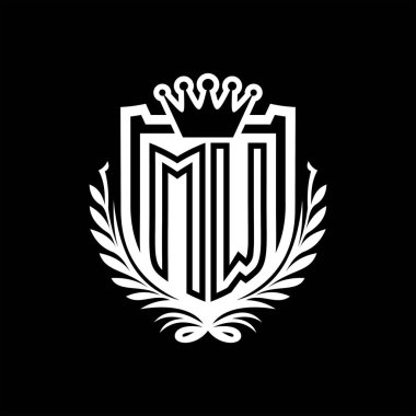 MW Letter logosu kraliyet kalkanı şeklinde ve kaplama şeklinde, siyah arkaplan şablonu dizaynında vintage kalkan