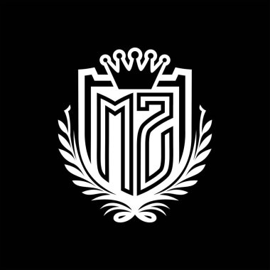 MZ Harf logosu kraliyet kalkanı şeklinde ve kaplama şeklinde, siyah arkaplan şablonu üzerinde antika bir kalkan.