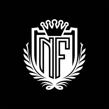 NF Letter logosu kraliyet kalkanı şeklinde ve taç, siyah arkaplan şablonu üzerinde vintage kalkan.