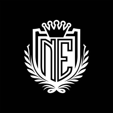 NE Harfleri logosu kraliyet kalkanı şeklinde taç, siyah arkaplan şablonunda vintage kalkan