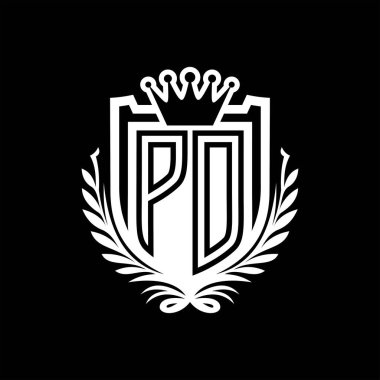 PD Harf logosu kraliyet kalkanı şekilli taç, siyah arkaplan şablonu dizaynında vintage kalkan