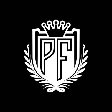 PF Harf logosu kraliyet kalkanı şeklinde ve taç, siyah arkaplan şablonu dizaynında vintage kalkan