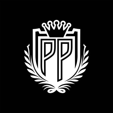 PP Harf logosu kraliyet kalkanı şeklinde ve taç, siyah arkaplan şablonu üzerinde vintage kalkan.