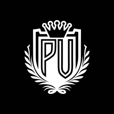 PV Harf logosu kraliyet kalkanı şeklinde ve taç, siyah arkaplan şablonu dizaynında vintage kalkan