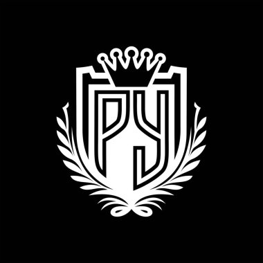 PY Letter logosu kraliyet kalkanı şeklinde taç, siyah arkaplan şablonu dizaynında vintage kalkan