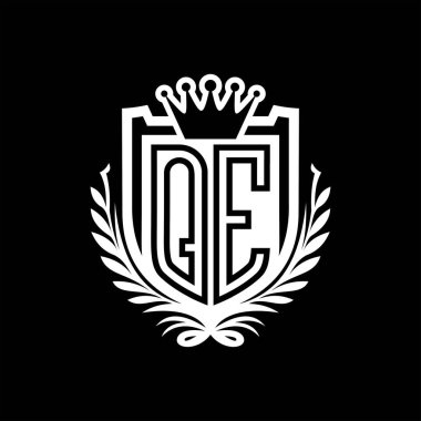 QE Letter logosu kraliyet kalkanı şekilli, siyah arkaplan şablonu tasarımı üzerinde vintage kalkan
