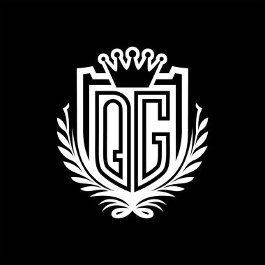 QG Harf logosu kraliyet kalkanı şeklinde ve taç, siyah arkaplan şablonu dizaynında vintage kalkan