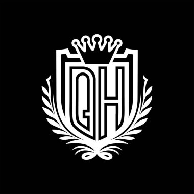 QH Harf logosu kraliyet kalkanı şeklinde ve taç, siyah arkaplan şablonu üzerinde vintage kalkan