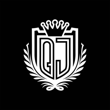 QJ Harf logosu kraliyet kalkanı şeklinde ve kaplama şeklinde, siyah arkaplan şablonu dizaynında vintage kalkan