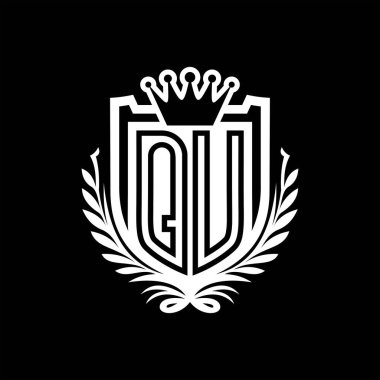 QU Letter logosu kraliyet kalkanı şeklinde ve kaplama şeklinde, siyah arkaplan şablonu üzerinde antika bir kalkan.