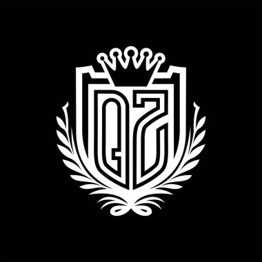 QZ Harf logosu kraliyet kalkanı şeklinde ve taç, siyah arkaplan şablonu dizaynında vintage kalkan