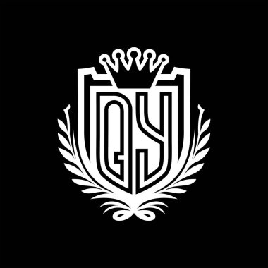 QY Letter logosu kraliyet kalkanı şeklinde taç, siyah arkaplan şablonu dizaynında vintage kalkan