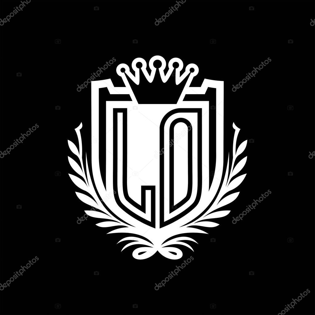 LO Letter logo heraldic shield shape with crown, vintage shield on black background template design