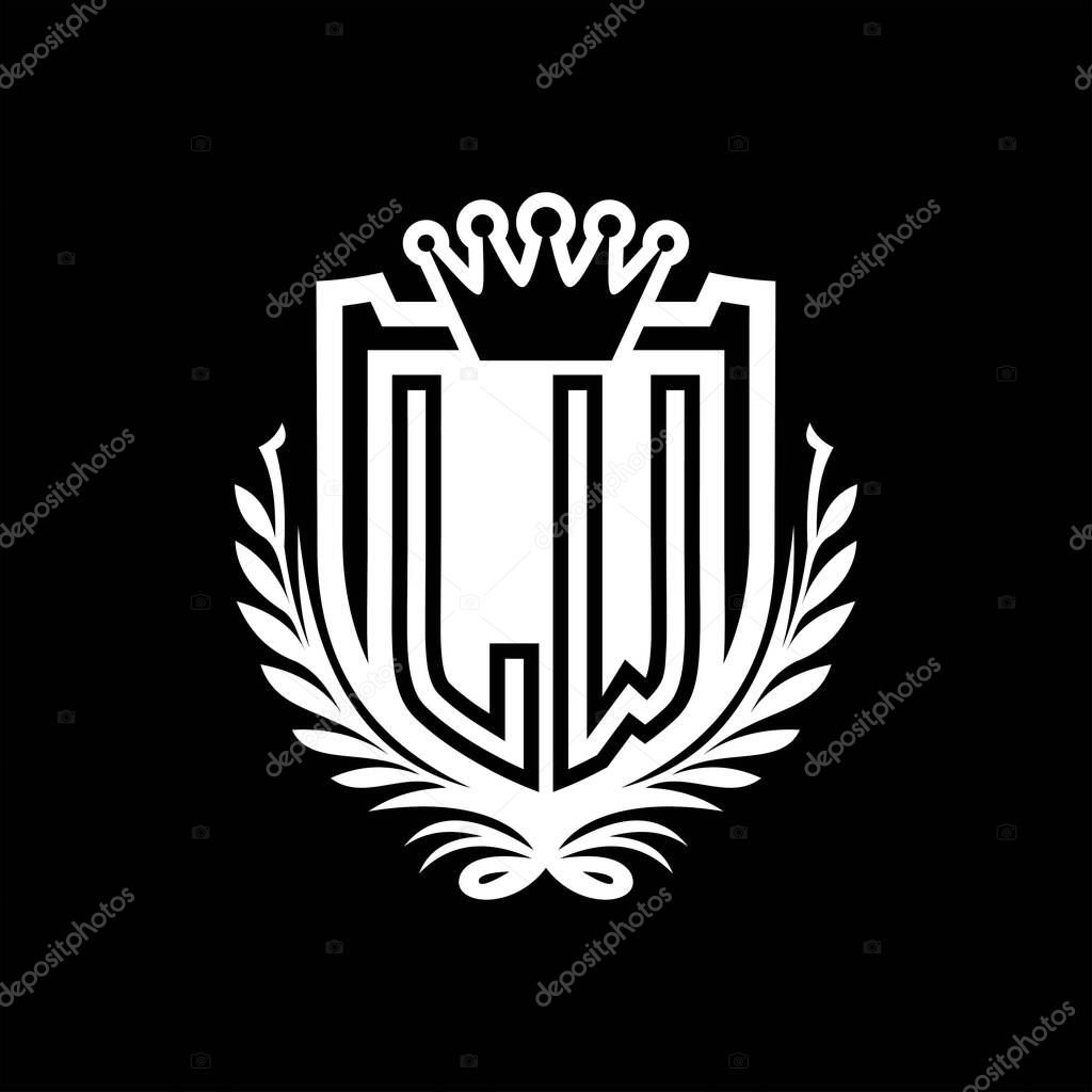 LW Letter logo heraldic shield shape with crown, vintage shield on black background template design