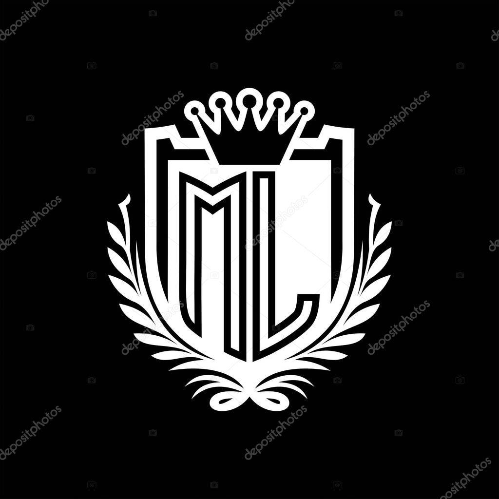 ML Letter logo heraldic shield shape with crown, vintage shield on black background template design
